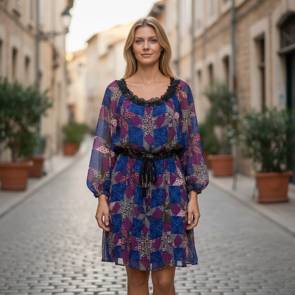 Rampage Large Patchwork Leopard Print Lace Trim Mini Dress Blue Purple Boho
